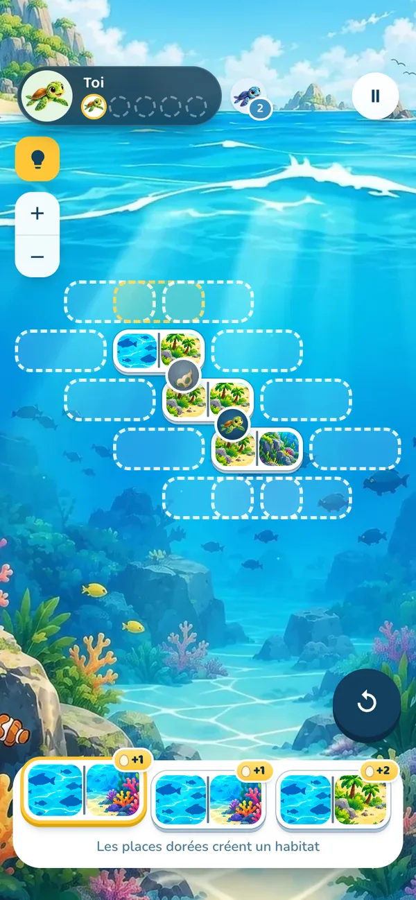 Une partie en cours : l’île et les tuiles en main